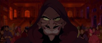 Movie still from “Anastasia” (1997), directed by Gary Goldman – An animated face of a man with long black hair and green eyes; Close Up shot, Low angle