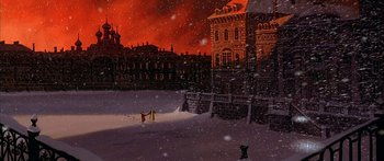 Movie still from “Anastasia” (1997), directed by Gary Goldman – A painting of a snowy city with a red sky in the background; Extreme Wide shot, Low angle