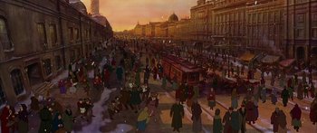 Movie still from “Anastasia” (1997), directed by Gary Goldman – A painting of a crowd of people walking down a street; Extreme Wide shot, High angle