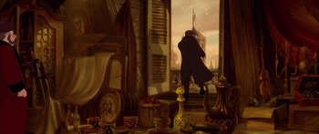 Movie still from “Anastasia” (1997), directed by Gary Goldman – A man standing in front of a window looking outside; Wide shot, High angle