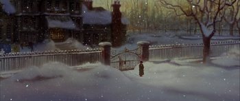 Movie still from “Anastasia” (1997), directed by Gary Goldman – A painting of a person standing in the snow; Extreme Wide shot, High angle