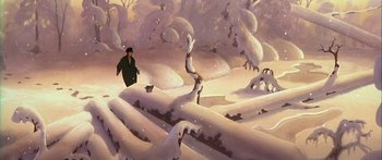Movie still from “Anastasia” (1997), directed by Gary Goldman – A painting of a man walking through a snowy forest; Extreme Wide shot, High angle
