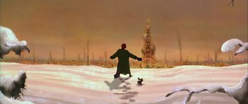 Movie still from “Anastasia” (1997), directed by Gary Goldman – A man is walking in the snow with a dog; Extreme Wide shot, High angle