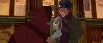Movie still from “Anastasia” (1997), directed by Gary Goldman – A woman holding a stuffed animal in front of a man; Medium shot, Over the shoulder angle