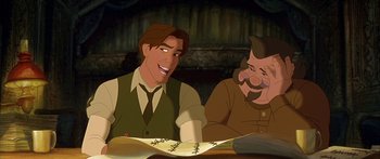 Movie still from “Anastasia” (1997), directed by Gary Goldman – A man sitting at a table next to another man; Medium shot, Over the shoulder angle