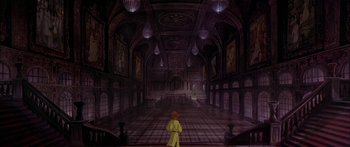 Movie still from “Anastasia” (1997), directed by Gary Goldman – A painting of a man in a yellow coat in a large room; Extreme Wide shot, High angle