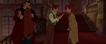 Movie still from “Anastasia” (1997), directed by Gary Goldman – A man and a woman are standing next to each other in front of a staircase; Medium shot, Over the shoulder angle