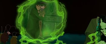 Movie still from “Anastasia” (1997), directed by Gary Goldman – An image of a man holding a child in front of a green light; Medium shot, High angle