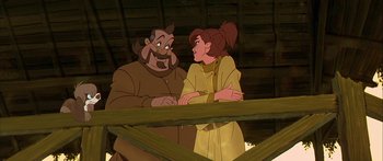 Movie still from “Anastasia” (1997), directed by Gary Goldman – A man and a woman standing next to each other; Medium shot, Over the shoulder angle