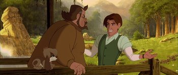 Movie still from “Anastasia” (1997), directed by Gary Goldman – A man and a woman talking to each other in front of a forest; Medium shot, Over the shoulder angle