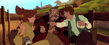 Movie still from “Anastasia” (1997), directed by Gary Goldman – A group of people that are sitting in front of each other; Medium shot, Over the shoulder angle