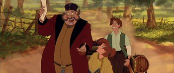 Movie still from “Anastasia” (1997), directed by Gary Goldman – A group of people standing next to each other in a field; Medium shot, Over the shoulder angle