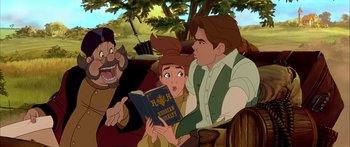 Movie still from “Anastasia” (1997), directed by Gary Goldman – A group of people sitting on a bench reading a book; Medium shot, Over the shoulder angle