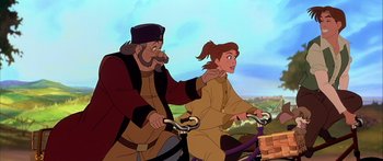 Movie still from “Anastasia” (1997), directed by Gary Goldman – A man and a woman riding bikes in a field; Medium shot, Over the shoulder angle