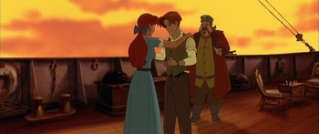 Movie still from “Anastasia” (1997), directed by Gary Goldman – A man and a woman standing next to each other on a boat; Medium shot, Over the shoulder angle