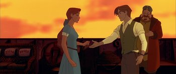 Movie still from “Anastasia” (1997), directed by Gary Goldman – An animated picture of a woman and a man shaking hands; Medium shot, Over the shoulder angle