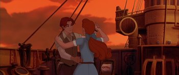 Movie still from “Anastasia” (1997), directed by Gary Goldman – A man and a woman dancing on a boat; Medium shot, Over the shoulder angle