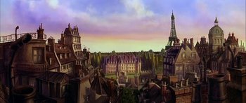 Movie still from “Anastasia” (1997), directed by Gary Goldman – An artistic painting of a city with a tower in the background; Extreme Wide shot, Low angle