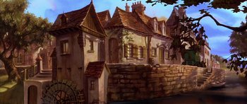 Movie still from “Anastasia” (1997), directed by Gary Goldman – A painting of a stone wall with a bunch of houses on it; Extreme Wide shot, Low angle