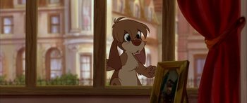 Movie still from “Anastasia” (1997), directed by Gary Goldman – A cartoon dog looking out of a window; Medium shot, Over the shoulder angle