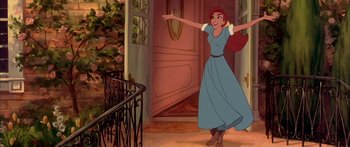 Movie still from “Anastasia” (1997), directed by Gary Goldman – A woman in a blue dress standing in front of a door; Wide shot, Low angle