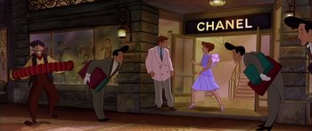 Movie still from “Anastasia” (1997), directed by Gary Goldman – A couple of people standing next to each other on a sidewalk; Wide shot, Over the shoulder angle