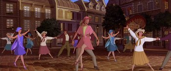 Movie still from “Anastasia” (1997), directed by Gary Goldman – A group of people are dancing on a brick road; Wide shot, High angle