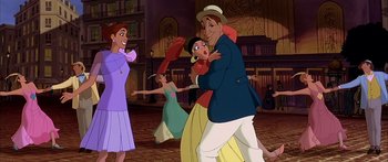 Movie still from “Anastasia” (1997), directed by Gary Goldman – A group of people dancing in a room; Medium shot, Low angle