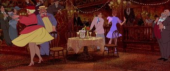 Movie still from “Anastasia” (1997), directed by Gary Goldman – A group of people sitting around a table; Wide shot, High angle