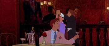 Movie still from “Anastasia” (1997), directed by Gary Goldman – A group of people sitting at a dinner table; Medium shot, Over the shoulder angle