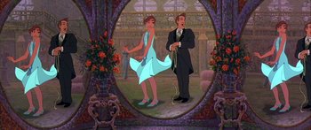 Movie still from “Anastasia” (1997), directed by Gary Goldman – An animated picture of a man and a woman dancing; Wide shot, Low angle