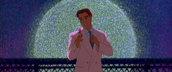 Movie still from “Anastasia” (1997), directed by Gary Goldman – A man in a pink suit holding a pink flower; Medium shot, Over the shoulder angle