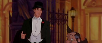 Movie still from “Anastasia” (1997), directed by Gary Goldman – A man in a tuxedo and top hat next to a man in a suit and top hat; Medium shot, Over the shoulder angle