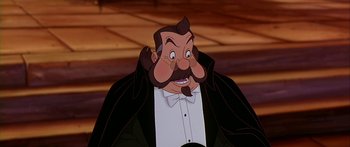 Movie still from “Anastasia” (1997), directed by Gary Goldman – A cartoon character with a mustache; Close Up shot, High angle