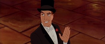 Movie still from “Anastasia” (1997), directed by Gary Goldman – A man in a top hat and a tuxedo waving; Close Up shot, Over the shoulder angle