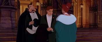 Movie still from “Anastasia” (1997), directed by Gary Goldman – A group of men standing next to each other in a room; Medium shot, Over the shoulder angle