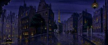 Movie still from “Anastasia” (1997), directed by Gary Goldman – An oil painting of the eiffel tower at night; Extreme Wide shot, High angle
