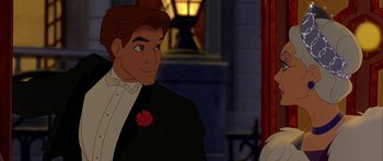 Movie still from “Anastasia” (1997), directed by Gary Goldman – A man in a tuxedo is standing next to another man; Close Up shot, Over the shoulder angle