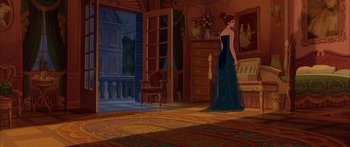 Movie still from “Anastasia” (1997), directed by Gary Goldman – A woman in a blue dress standing in front of a window; Wide shot, High angle