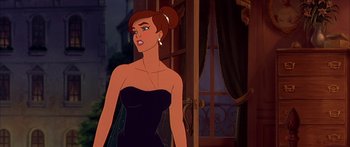 Movie still from “Anastasia” (1997), directed by Gary Goldman – A woman in a black dress standing in front of a window; Medium shot, Over the shoulder angle
