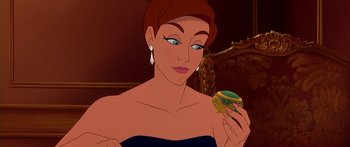 Movie still from “Anastasia” (1997), directed by Gary Goldman – A woman holding a sandwich in her hand; Close Up shot, Over the shoulder angle