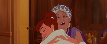 Movie still from “Anastasia” (1997), directed by Gary Goldman – An old woman and a young woman are crying; Close Up shot, Over the shoulder angle