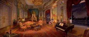 Movie still from “Anastasia” (1997), directed by Gary Goldman – A painting of a living room with a grand piano; Extreme Wide shot, High angle