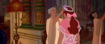 Movie still from “Anastasia” (1997), directed by Gary Goldman – An old woman and a young girl are in a room; Medium shot, Over the shoulder angle