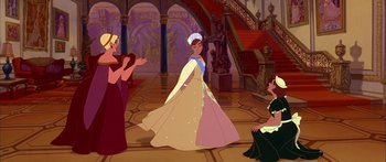 Movie still from “Anastasia” (1997), directed by Gary Goldman – A woman is dressed as princess tiana from the princess and the pauper; Wide shot, Over the shoulder angle
