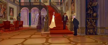 Movie still from “Anastasia” (1997), directed by Gary Goldman – A woman in a white dress walking down a red staircase; Wide shot, Over the shoulder angle