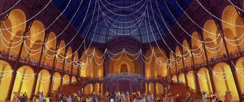 Movie still from “Anastasia” (1997), directed by Gary Goldman – A group of people standing in front of a building with lights; Extreme Wide shot, Low angle