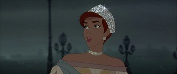 Movie still from “Anastasia” (1997), directed by Gary Goldman – A woman with a diamond tiara on her head; Close Up shot, Over the shoulder angle