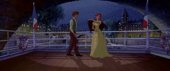 Movie still from “Anastasia” (1997), directed by Gary Goldman – A man and a woman standing next to each other on a bridge; Wide shot, Low angle