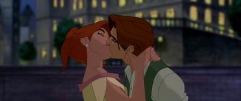 Movie still from “Anastasia” (1997), directed by Gary Goldman – A couple of people that are kissing in the street; Close Up shot, Over the shoulder angle
